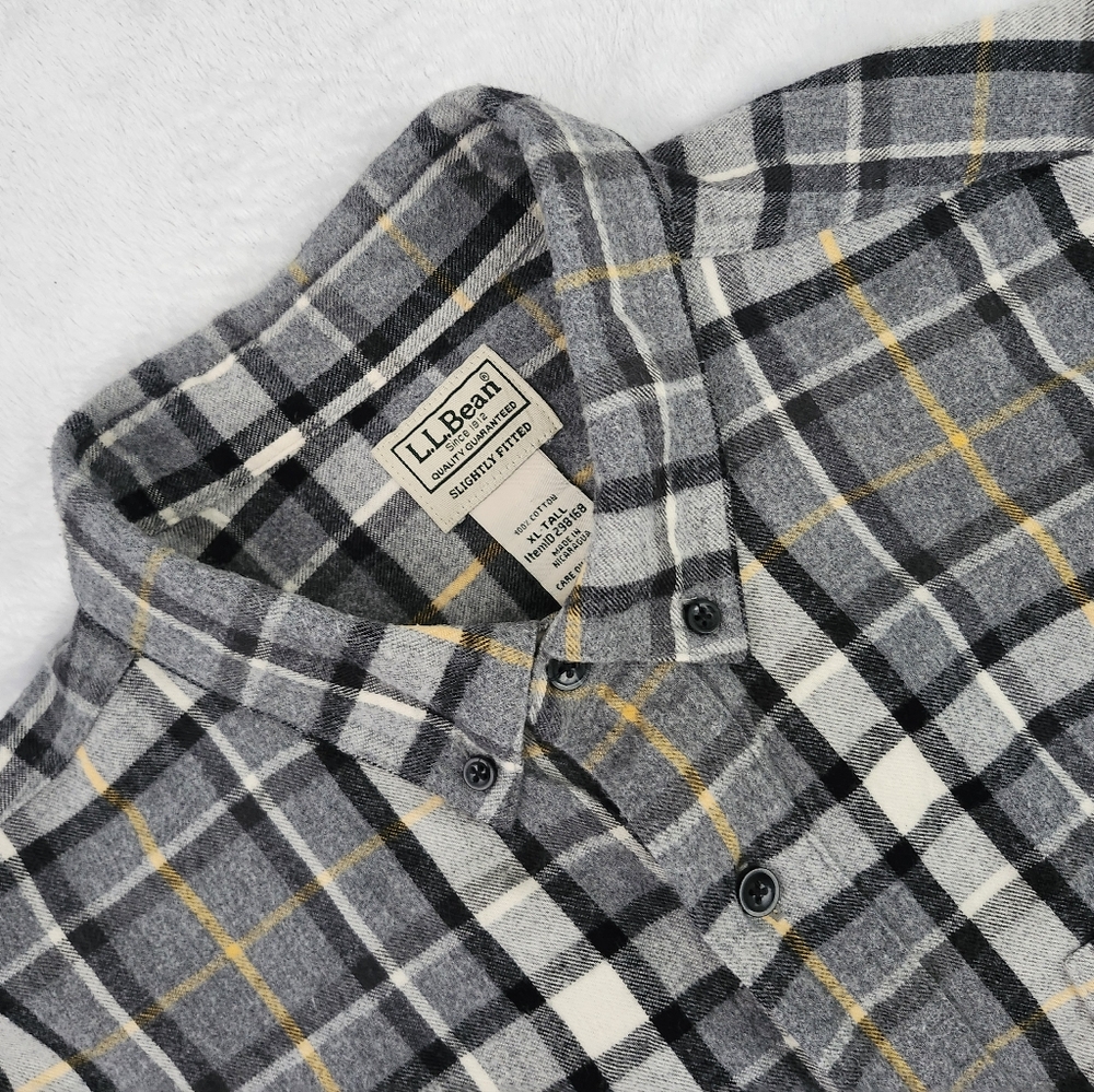 L.L. BEAN‎ Men's Slightly Fitted Grey Yellow Plaid Flannel Shirt Size XL-Tall